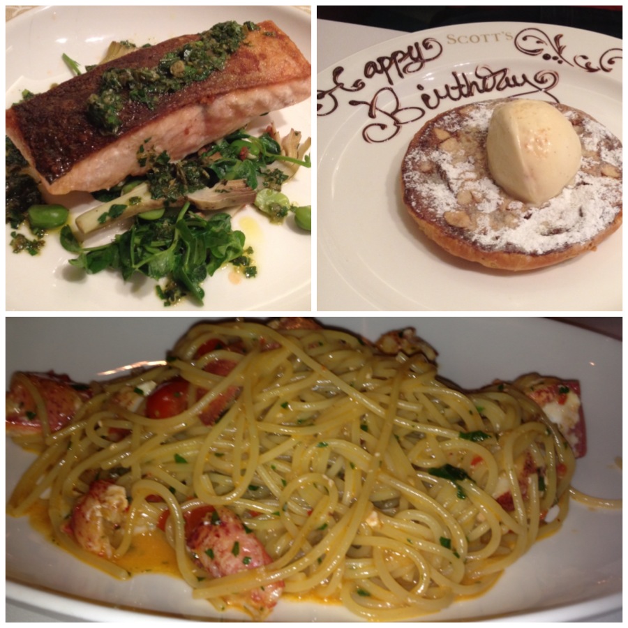 Fillet of Esk Sea Trout with braised artichokes, broad beans & salsa verde; Lobster Linguini; Bakewell Tart with Almond Ice Cream